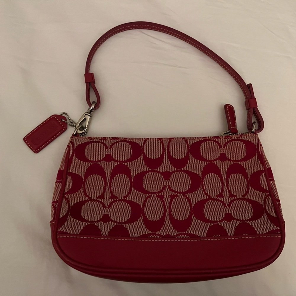 Authentic Vintage Coach Mini Red Canvas Leather Baguette Bag in great condition